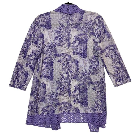 Chico's Purple Paisley Lightweight Lace Trim Open Front Cardigan Sweater Size 4 - Picture 4 of 6